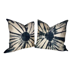 Contemporary Boho Indigo Tie Dyed Leather Pillow Covers- a Pair