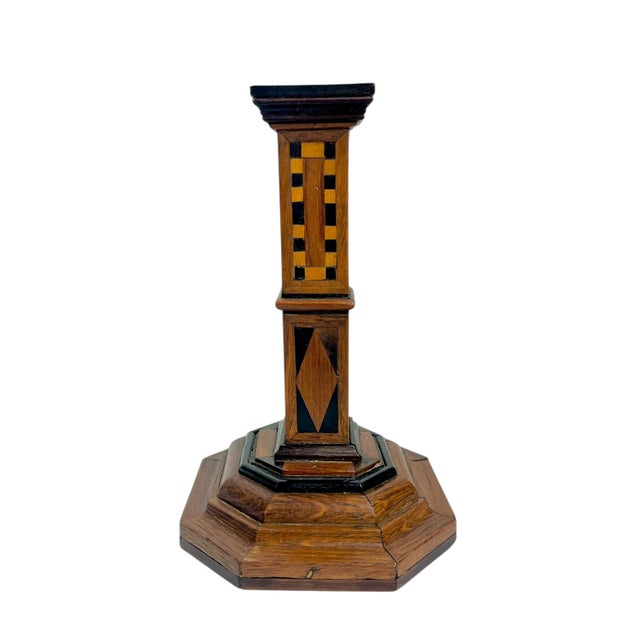 Antique Italian Marquetry Inlaid Wood Candlesticks – Pair With Octagonal Bases For Sale - Image 13 of 18