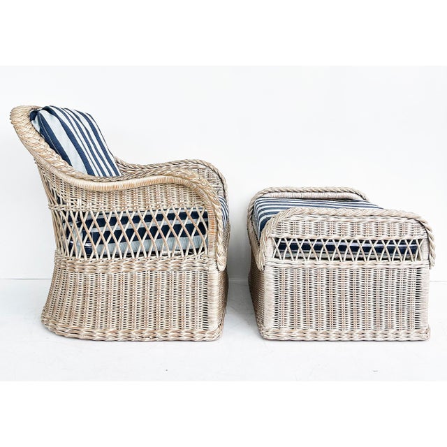 Henry Link Rattan Lounge Chairs with Matching Ottomans, New Sunbrella Upholstery Offered for sale are two pairs of Henry...