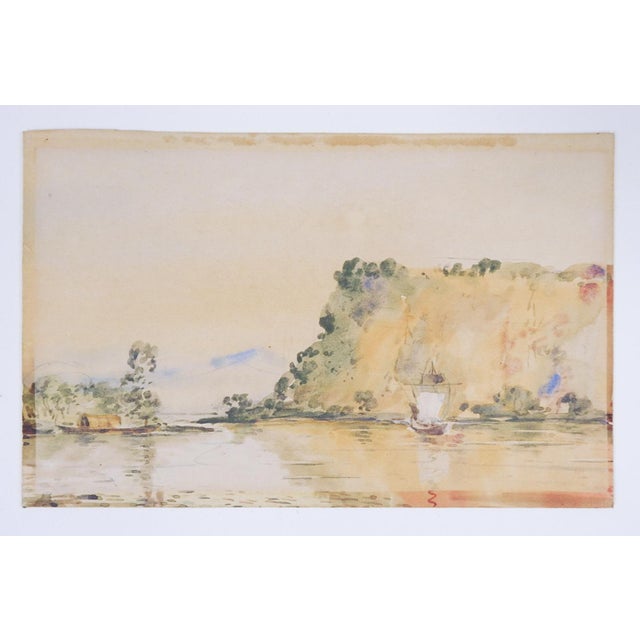 Traditional Small Early 20th Century Asian Coastal Fishing Boat Watercolor Painting For Sale - Image 3 of 3