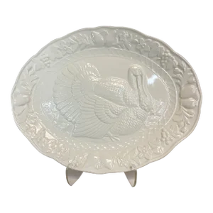Mid-Century Americana Boho Chic Thanksgiving Ivory White Turkey Platter.