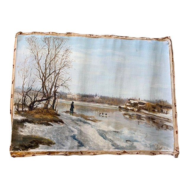 Vintage Mid-Century Winter River Landscape Oil on Canvas, 22” X 16” For Sale
