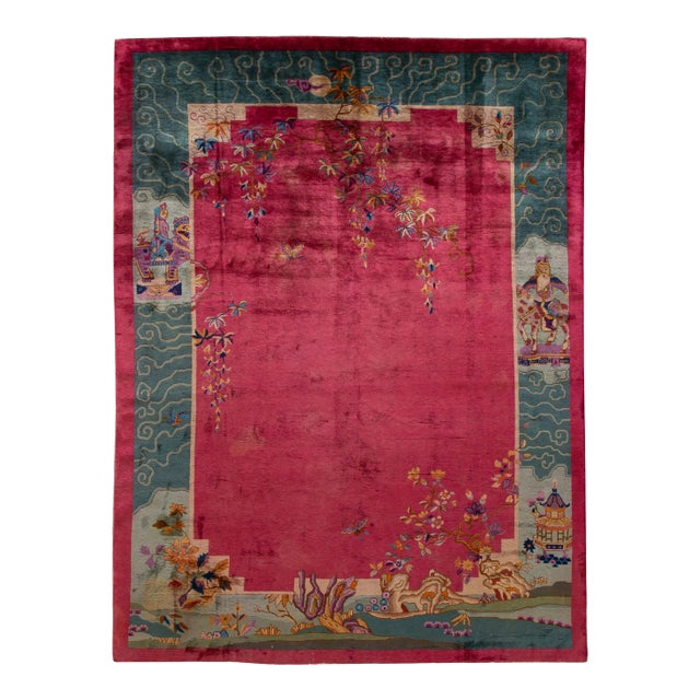 Antique Art Deco Brigth Red Traditional Chinese Handmade Wool Rug For Sale