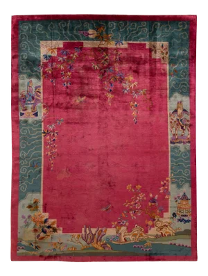 Antique Art Deco Brigth Red Traditional Chinese Handmade Wool Rug