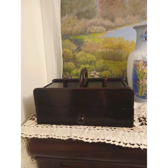 The Bombay Company Wood Sewing Box Jewelry Organizer Desk Drawer Top Handle Vintage For Sale - Image 16 of 16