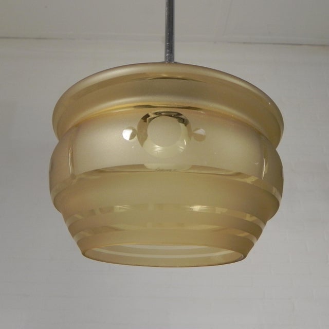 Art Deco Pendant Lamp with Etched Glass Shade and Geometric Motifs, 1930s For Sale - Image 3 of 16