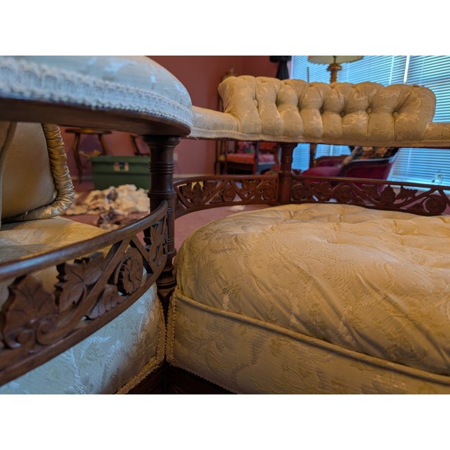 Victorian Antique Victorian Walnut Tête-À-Tête Conversation Sofa, One-Piece Courting Bench, Carved Gallery Rail, c.1880's For Sale - Image 3 of 5