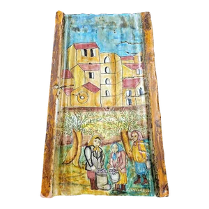 Vintage Italian Majolica Terracotta Deruta Drain Tile Women With Olives