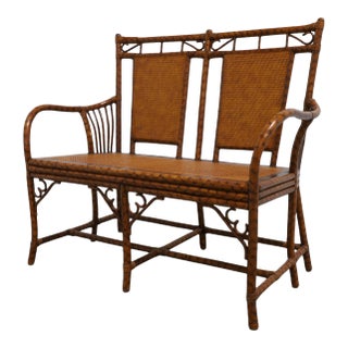 Vintage Tortoiseshell Faux Bamboo & Cane Loveseat Bench For Sale
