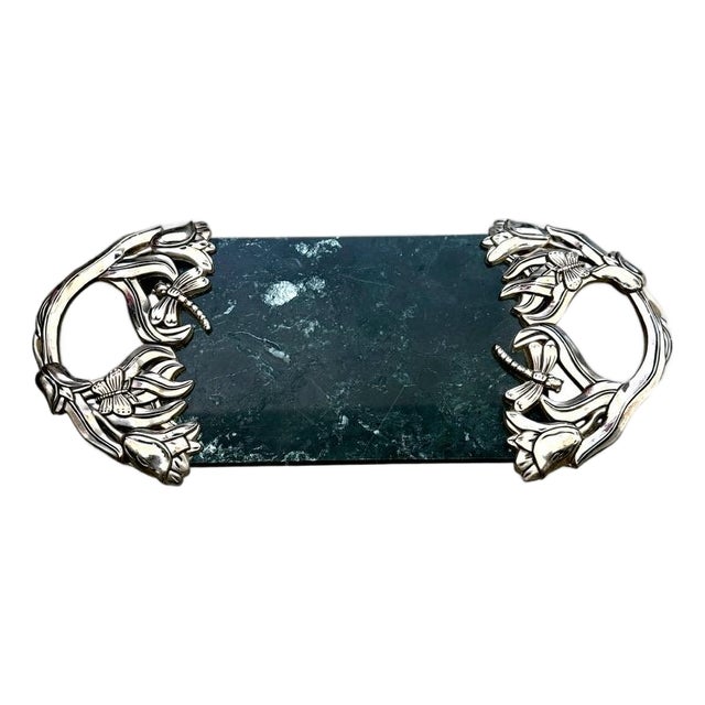 Godinger Silver Plated Green Marble Charcuterie Tray With Ornate Dragonfly/Butterfly Handles For Sale