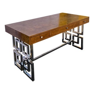Modern Style Patchwork Burl and Chrome Desk / Writing Table by Bernhardt For Sale