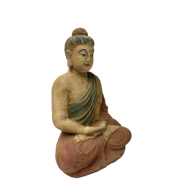 1990s 9" Chinese Meditation Cross Legs Sitting Buddha Wood Statue For Sale - Image 5 of 8