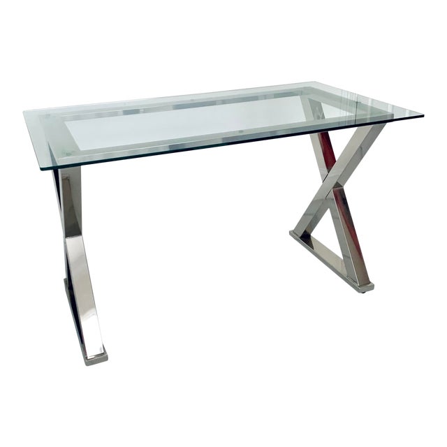 Modern Glass Desk Table With Silver Polish Chrome Cross Base Chairish