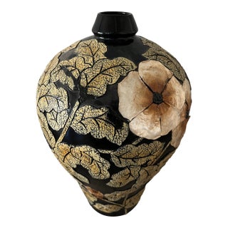 Decorative Meiping Black Vase Applied Leaf and Flower Relief For Sale