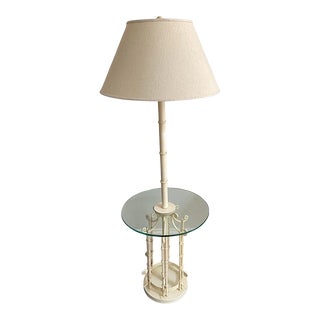 1970's Tole Faux Bamboo Floor Lamp With Glass Table Top For Sale
