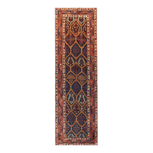 Blue Field Tribal Geometric Trellis Floral Shrub Pattern Antique Early 20th Century Persian Afshar Hallway Runner Rug