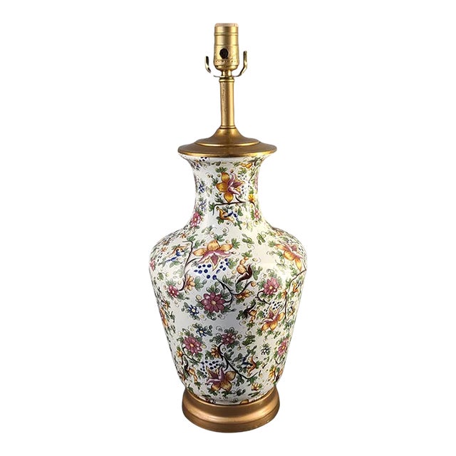 Late 20th Century Vintage Italian Pottery Faience Majolica Multi Floral Table Lamp For Sale