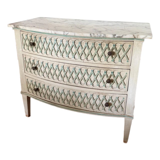 Vintage Three Drawer Marble Topped Chest With Trellis Detailing For Sale