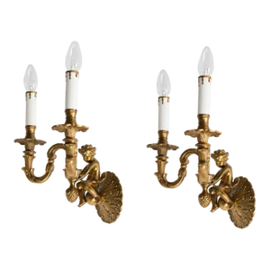 1950s French Brass Cherub Wall Sconce a Pair