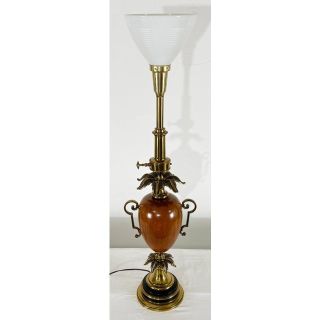Vintage Stiffel brass and wood orb table lamp. Leave as is or add a shade for a more classic look. Age wear. Original...