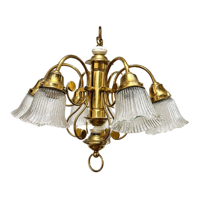 Vintage Solid Brass and Porcelain Chandelier Six Arm Light Fixture Hollywood Regency For Sale