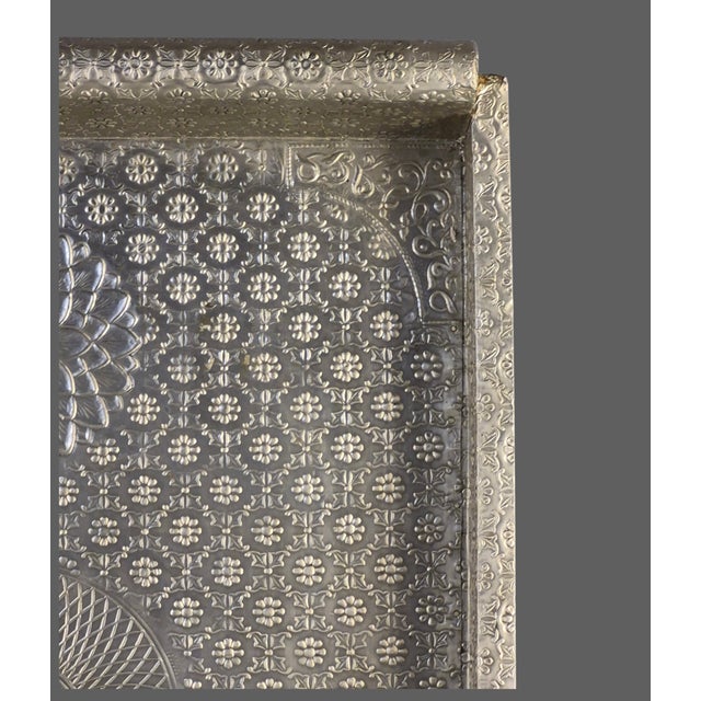Silver Vintage Large 25'' X 18'' Anglo-Indian Bohemian Embossed Engraved Metal Tray For Sale - Image 8 of 18