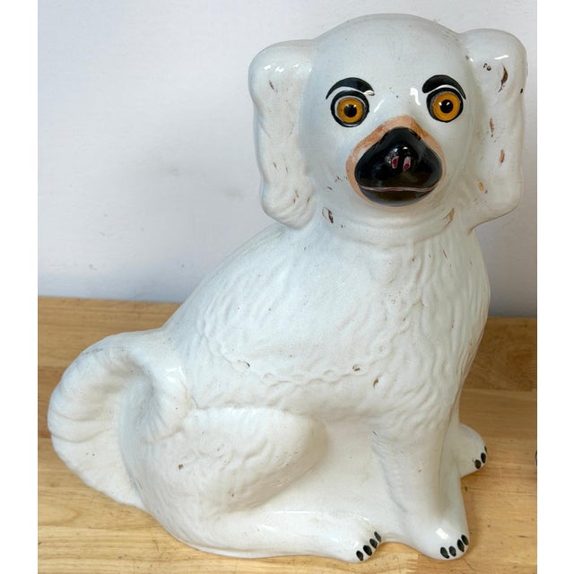 White Large Pair Victorian Staffordshire Spaniel Dogs with Amber Glass Eyes, 1860s For Sale - Image 8 of 14