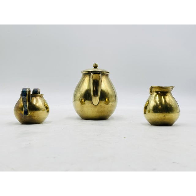 Los Castillo 1950s Los Castillo Taxco Brass & Stone Inlaid Tea Set, Mexican Modernism - Set of 3 For Sale - Image 4 of 18