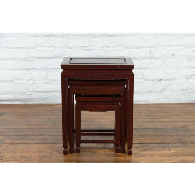 Wood Vintage Chinese Rosewood Nesting Tables with Dark Patina - Set of 3 For Sale - Image 7 of 13