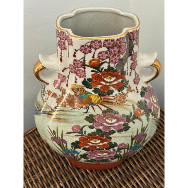 Cream Vintage Japanese Export Moon Flask Vase With Pheasant and Peonies For Sale - Image 8 of 10