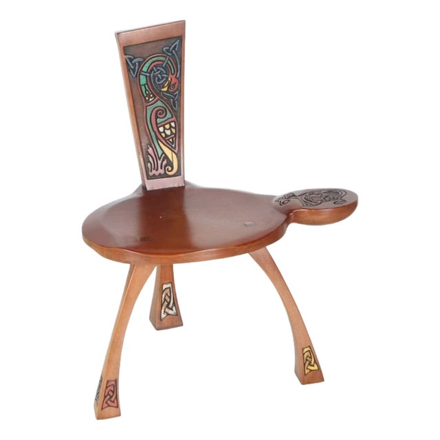 Gabriel McKeagney Celtic Hand Carved Wood Bagpipe Bench Chair For Sale