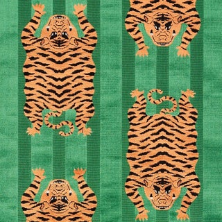 Schumacher x Johnson Hartig Jokhang Tiger Velvet Fabric in Green & Orange For Sale