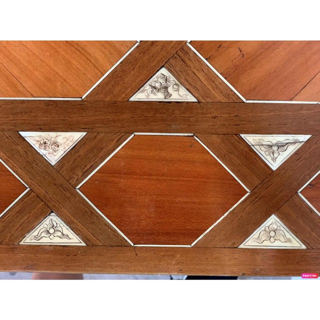 Wood 19th Century Baroque Spanish Side Table with Marquetry Top and Lyre Carved Legs For Sale - Image 7 of 18