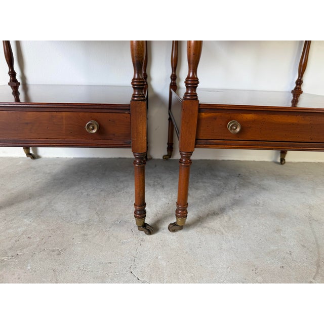 1970s Hekman Regency Style Olive Wood & Mahogany End Tables With Drawer and Casters – A Pair For Sale - Image 5 of 12