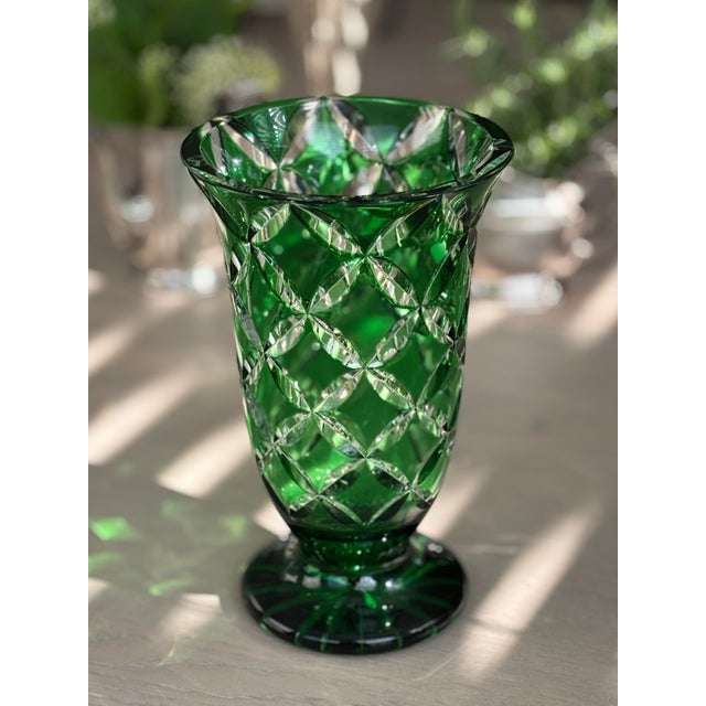 This breathtaking vintage West German cased lead crystal vase features an intricate geometric lens pattern and a...