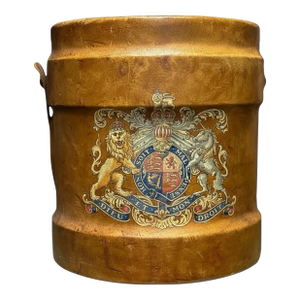 19th-C. English Victorian Leather Artillery or Cordite Bucket W/ Coat of Arms