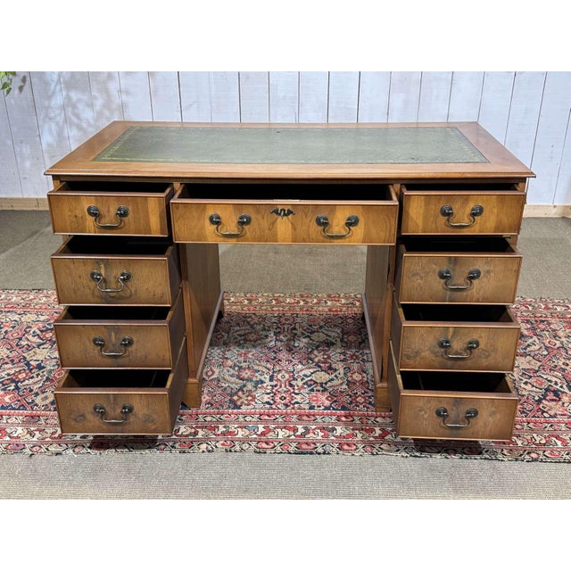Vintage English Flat Desk with Drawers in Yew Wood with Leather Top, 1970s For Sale - Image 3 of 15