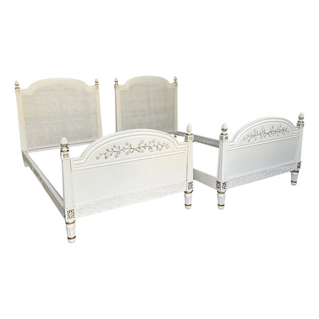 Mid-Century French Louis XVI Style Creme Peinte & Gilt Twin Cane Beds - A Pair For Sale