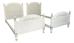 Mid-Century French Louis XVI Style Creme Peinte & Gilt Twin Cane Beds - A Pair