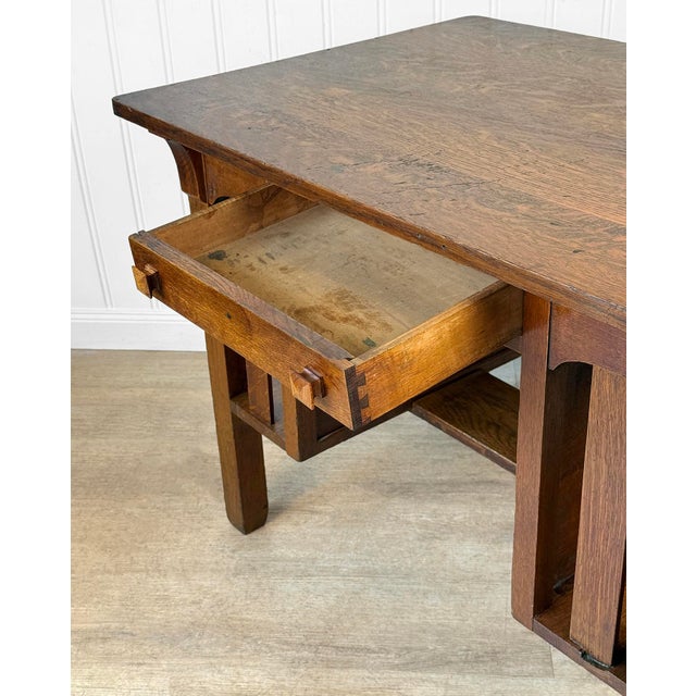 Brown Antique Arts & Crafts Quartersawn Oak Partners Library Desk For Sale - Image 8 of 14