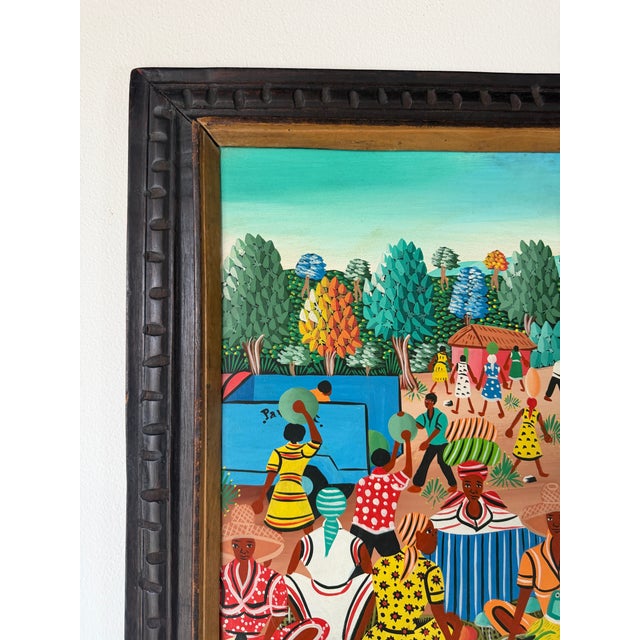 1980s M. Bazile Haitian Folk Art Market Scene Oil on Masonite Board – Framed For Sale - Image 5 of 12