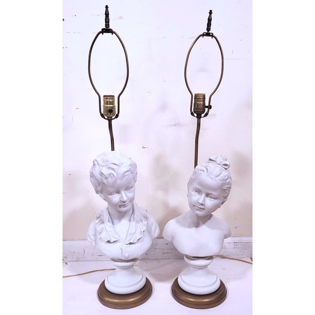 French Pair Antique French Belle Epoque White Bisque Porcelain Boy & Girl Bust as Lamps For Sale - Image 3 of 9