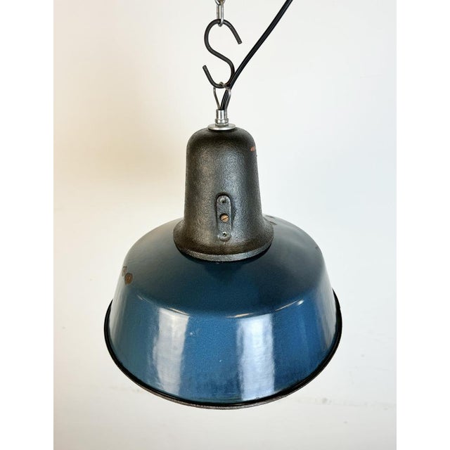 Industrial Blue Enamel Factory Lamp with Cast Iron Top, 1960s For Sale - Image 10 of 18