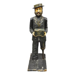 54" Tall Maritime Nautical Wood Peg Leg Seaman Bank Figure "Please Give a Penny" For Sale