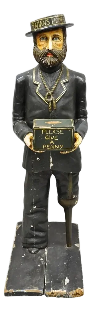 54" Tall Maritime Nautical Wood Peg Leg Seaman Bank Figure "Please Give a Penny"