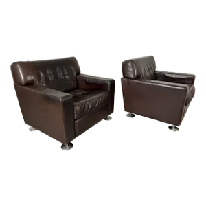Vintage Leather Club Chairs With Steel Pod Legs for Neinkamper