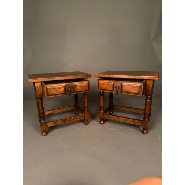 Wood Pair of American Country English Pine Side Tables With Walnut Finish, Circa 1920s For Sale - Image 7 of 18