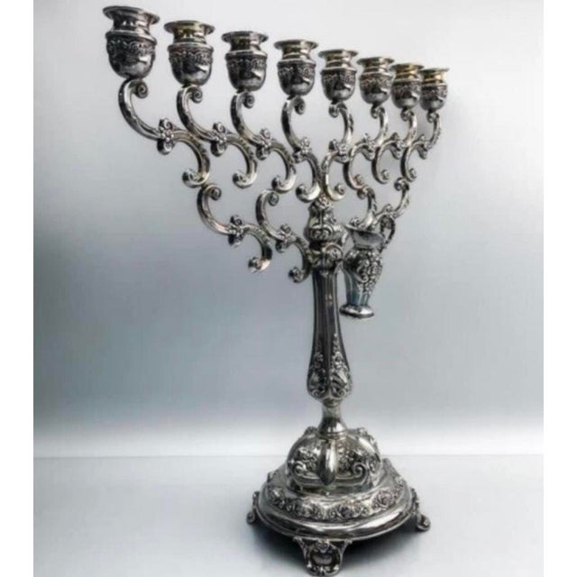Mid-Century Victorian-Revival Silver Menorah - Excellent Condition Beautiful mid-20th-century menorah designed in an...