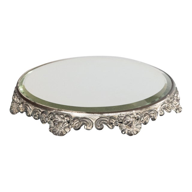 Antique Silver Plate Floral Mirror Plateau Tray For Sale