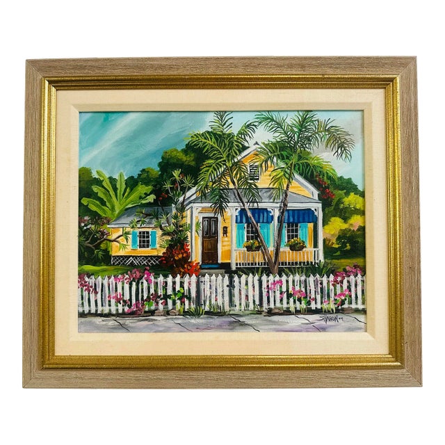 Vintage Coastal Key West Cottage Painting For Sale